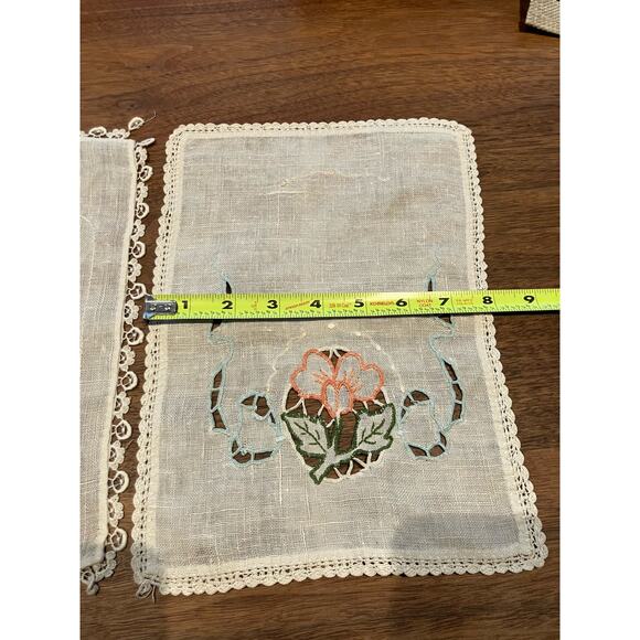 VTG Linen Hankie Set, Embroidered, Lace, Floral, Handmade, Beige, Decorative - Picture 7 of 8